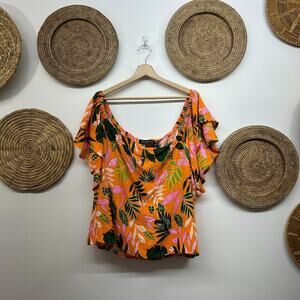 Eloquii Orange Tropical Off Shoulder Short Sleeve Top Vacation Plus Size 20